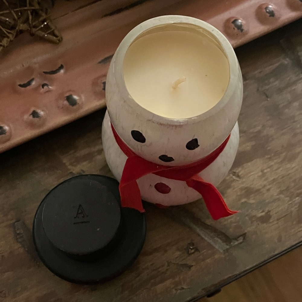 Anthropologie Snowman Candle with Red Scarf and Black Hat. - Picture 2 of 2